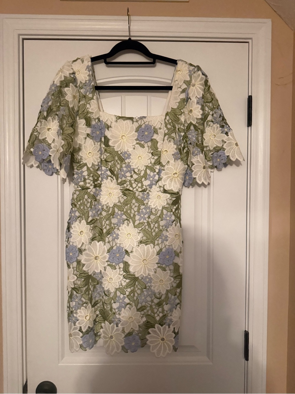 Just Me White Floral Lace Mini Dress with Sage & Light Blue Accents